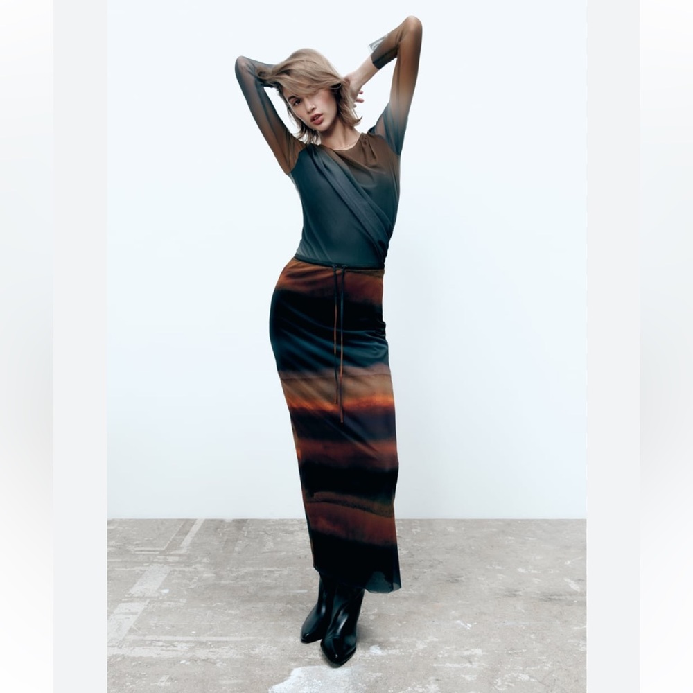 Zara Burgundy, Orange, Olive & Teal Mesh Maxi Skirt Small